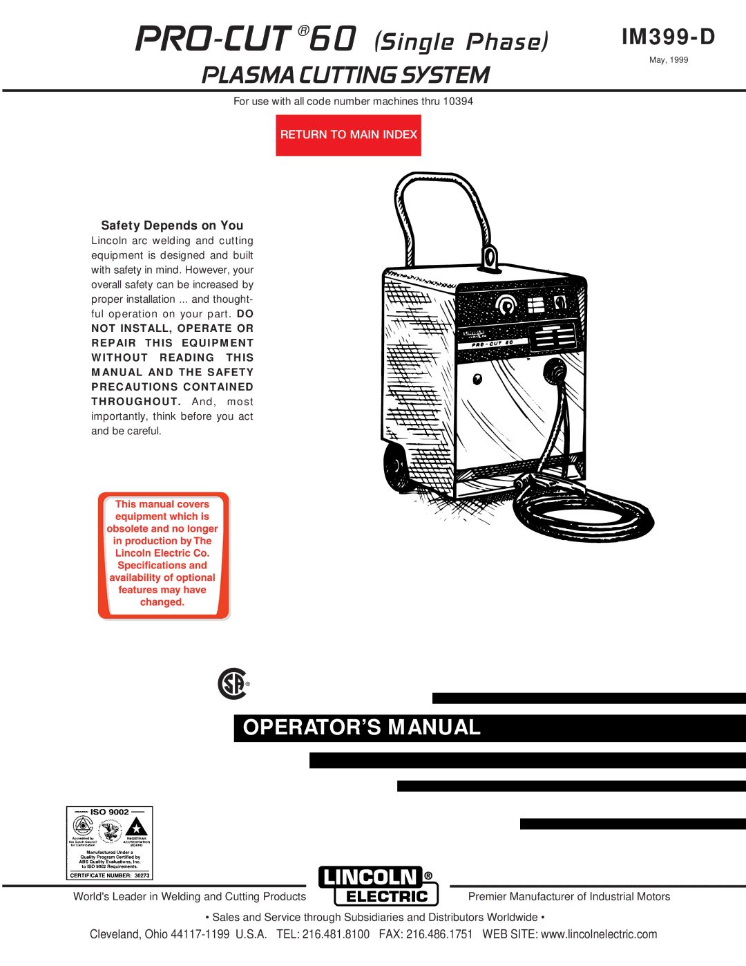 Lincoln 60 manual OPERATOR’S Manual 