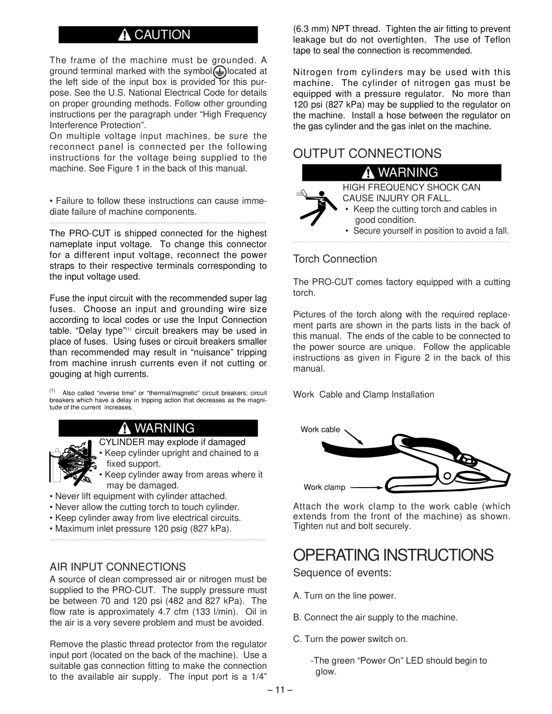 Lincoln 60 manual Output Connections, Torch Connection, Sequence of events, High Frequency Shock can Cause Injury or Fall 