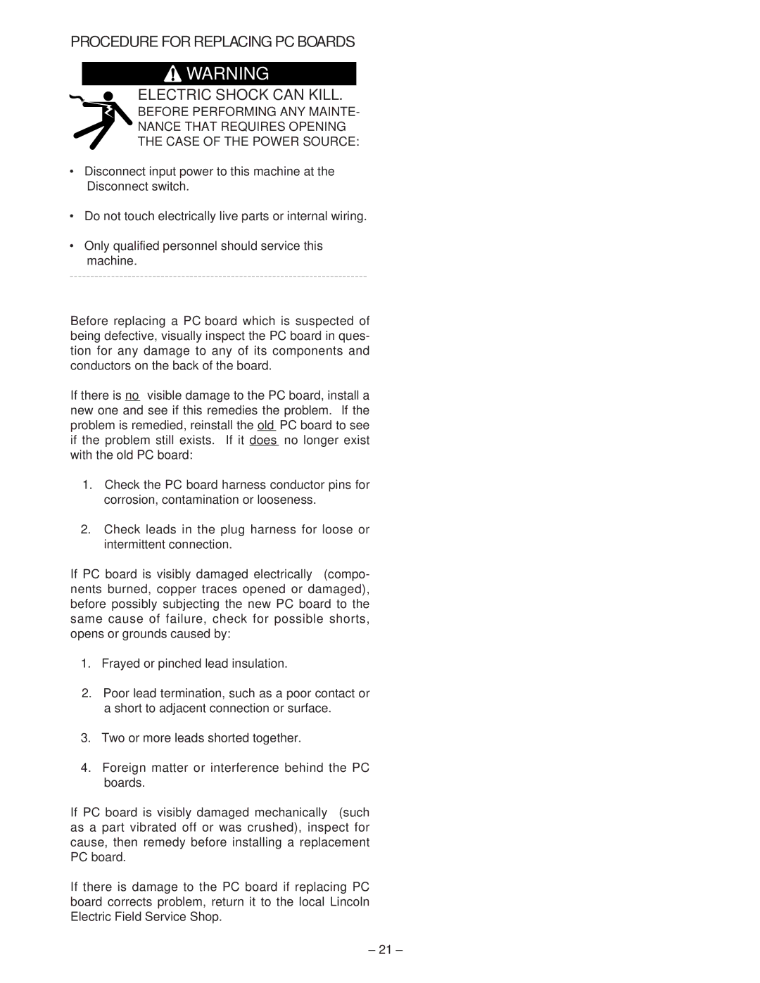 Lincoln 60 manual Procedure for Replacing PC Boards Electric Shock can Kill 