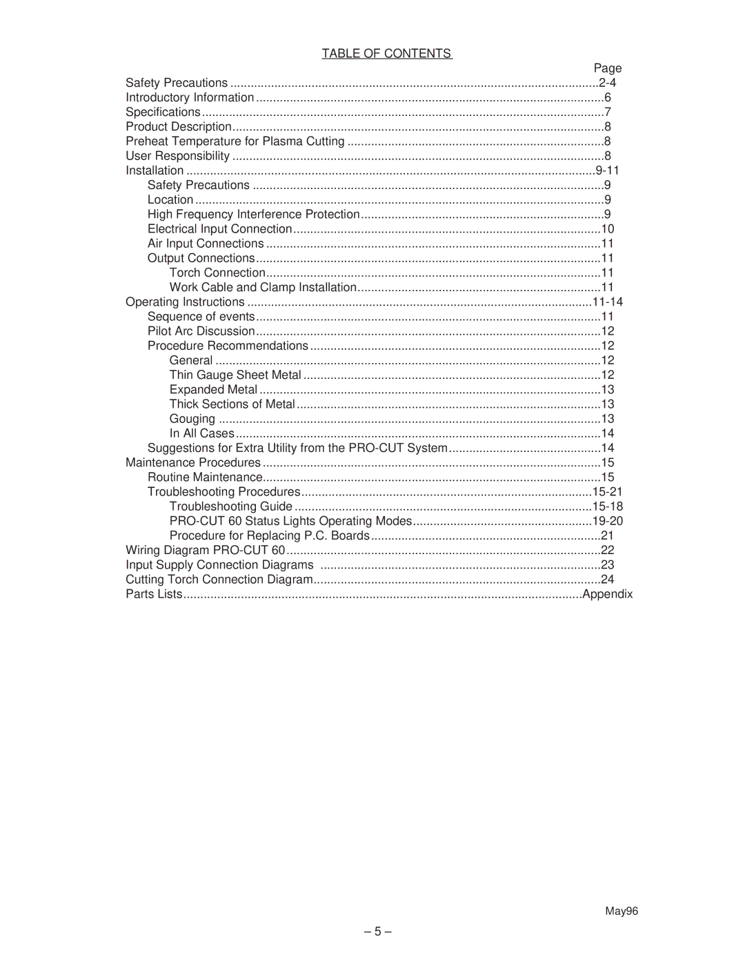 Lincoln 60 manual Table of Contents 