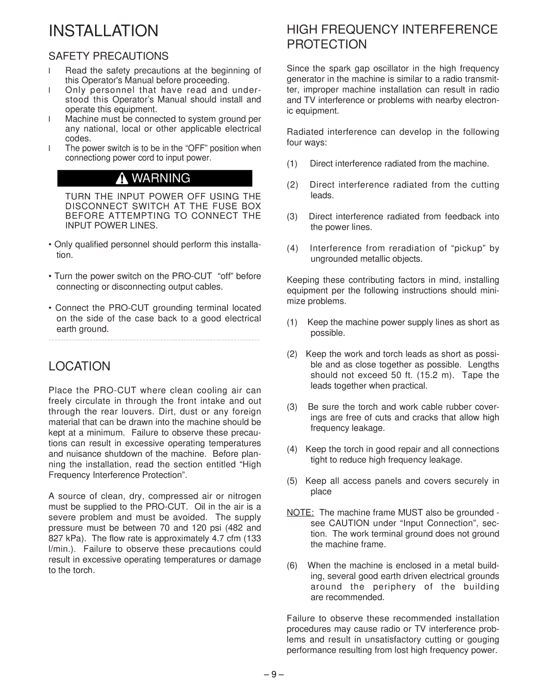 Lincoln 60 manual Location, High Frequency Interference Protection 