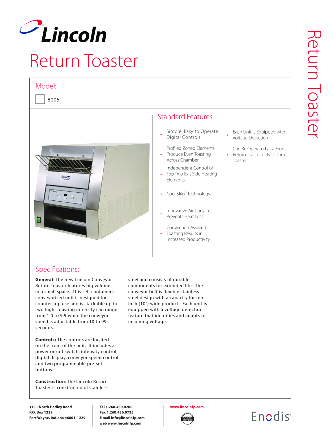 Lincoln 8005 specifications Lincoln, Return Toaster, Model, Standard Features, Specifications 