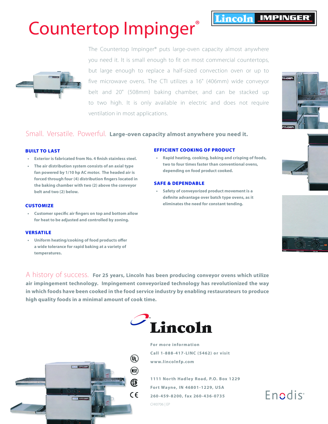 Lincoln Countertop Impinger manual Built To Last, Customize, Efficient Cooking Of Product, Safe & Dependable, Versatile 