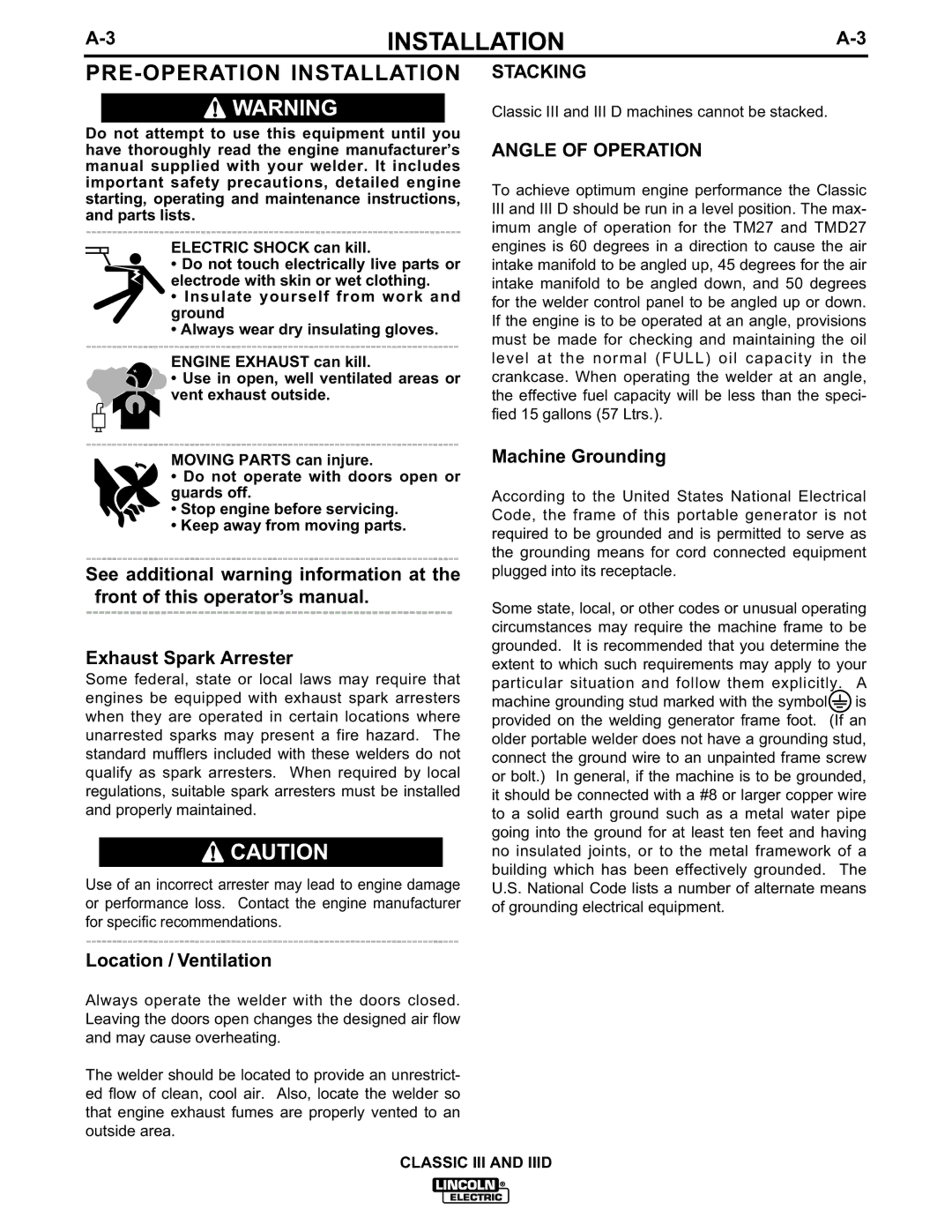 Lincoln Electric 10072, 10061, 10033, 10156 manual PRE-OPERATION Installation, Machine Grounding, Location / Ventilation 