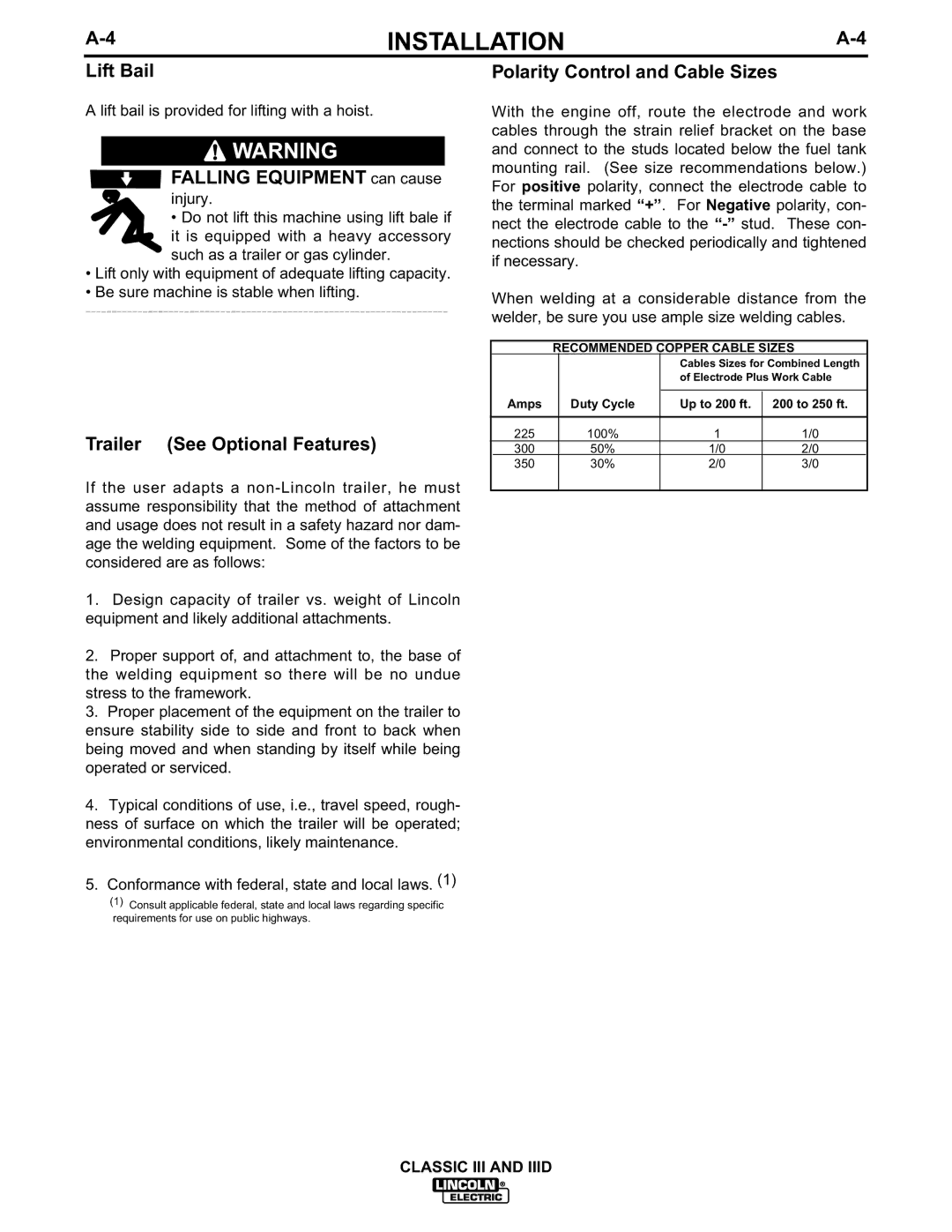 Lincoln Electric 10156, 10061, 10033, 10072 manual Lift Bail, Falling Equipment can cause, Trailer See Optional Features 
