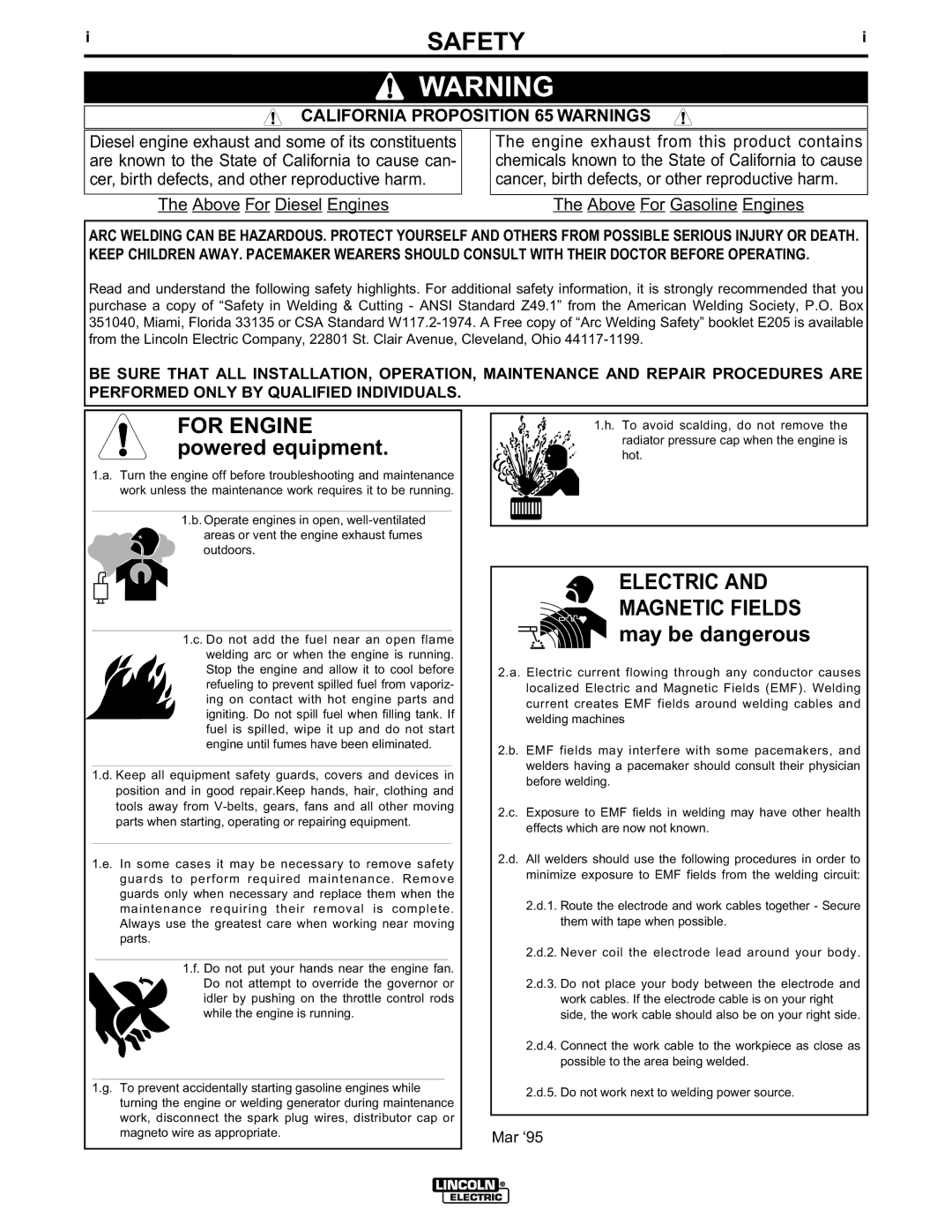 Lincoln Electric 10072, 10061, 10033, 10156 manual Safety, California Proposition 65 Warnings 