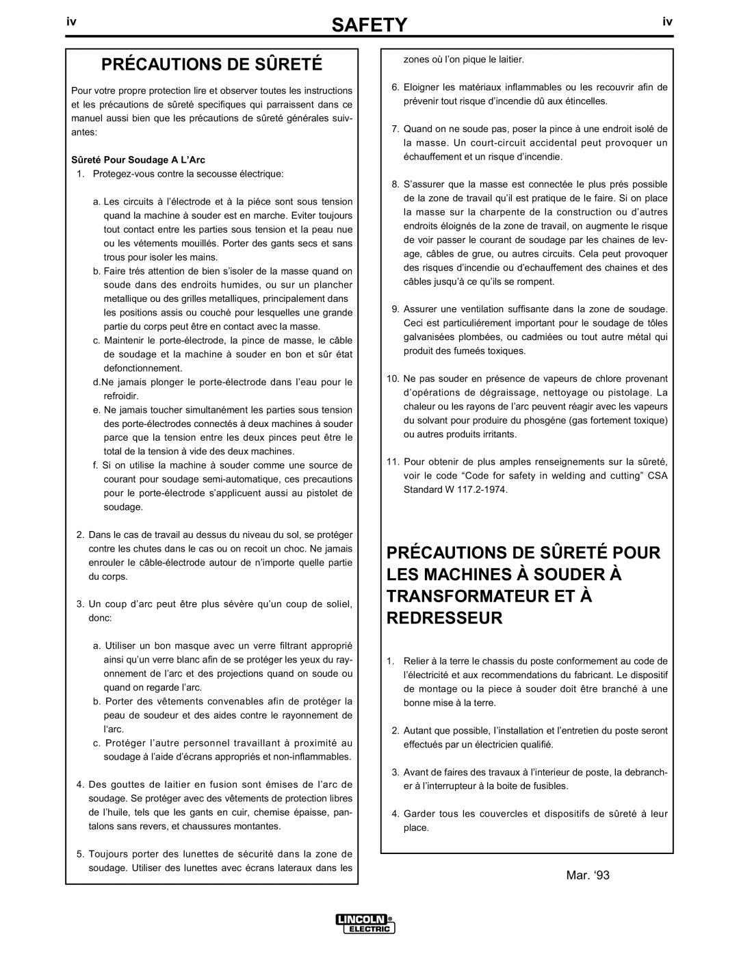 Lincoln Electric 10033, 10061, 10072, 10156 manual Précautions DE Sûreté, Sûreté Pour Soudage a L’Arc 