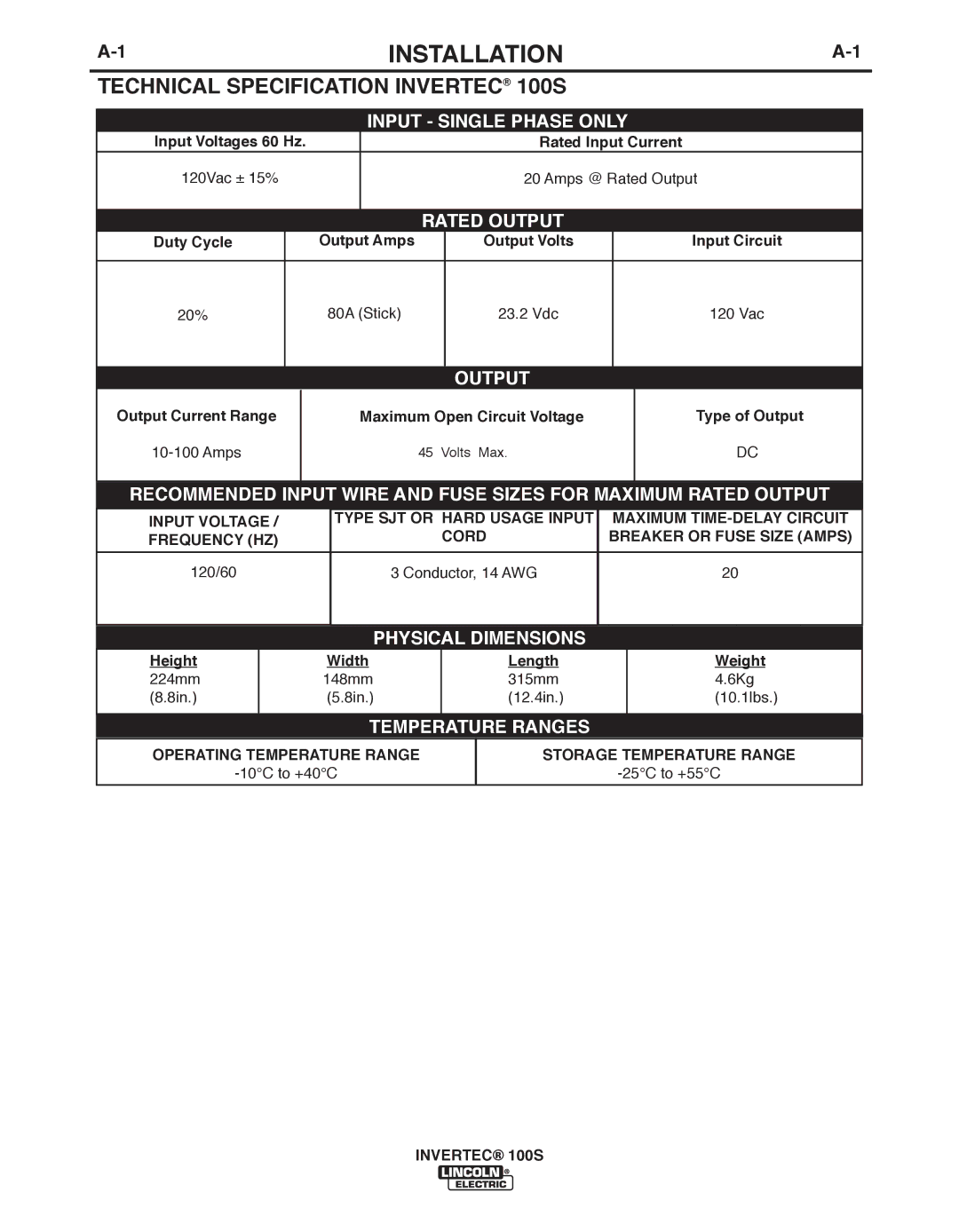 Lincoln Electric manual Installation, Technical Specification Invertec 100S 