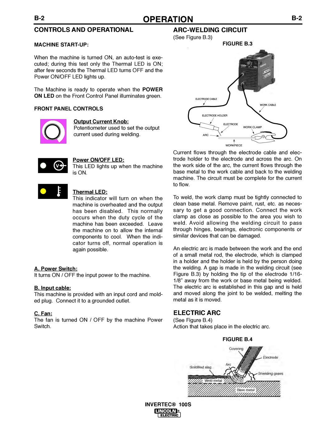 Lincoln Electric 100S Controls and Operational ARC-WELDING Circuit, Electric ARC, Machine START-UP, Front Panel Controls 