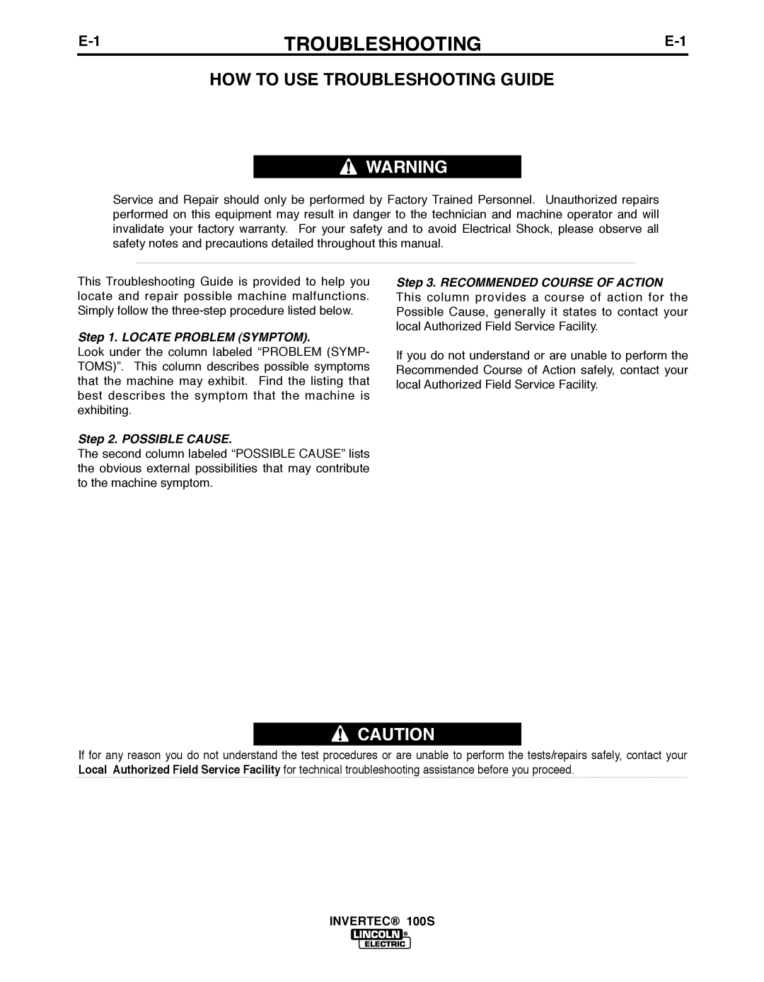 Lincoln Electric 100S manual TROUbLESHOOTING 