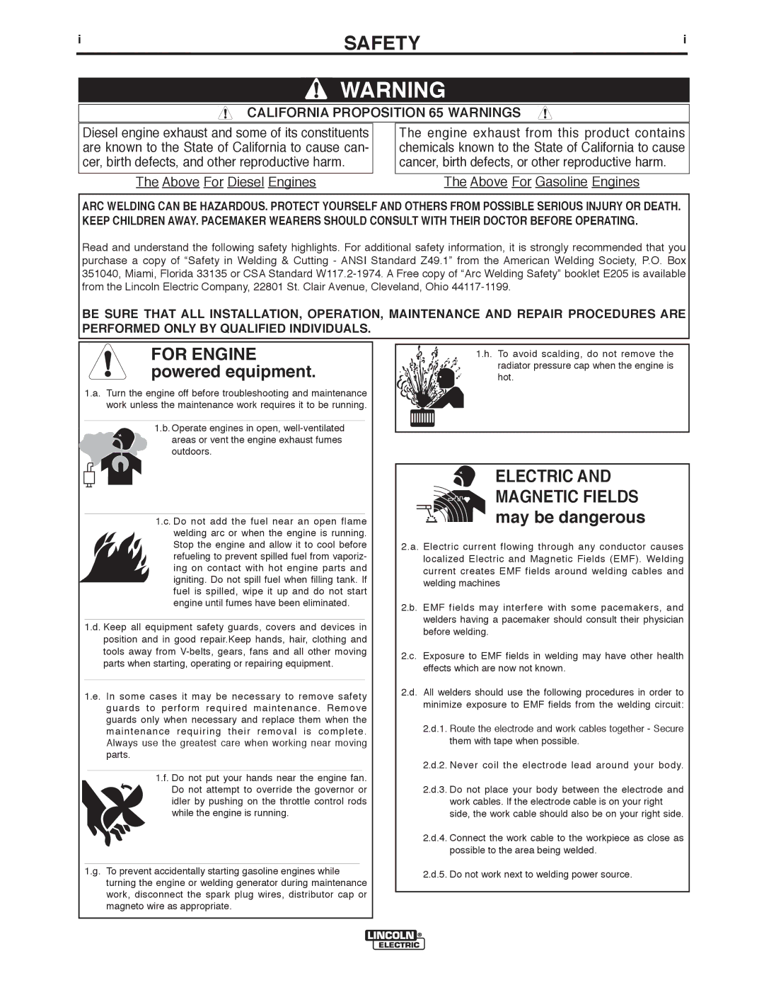 Lincoln Electric 100S manual Safety, California Proposition 65 Warnings 