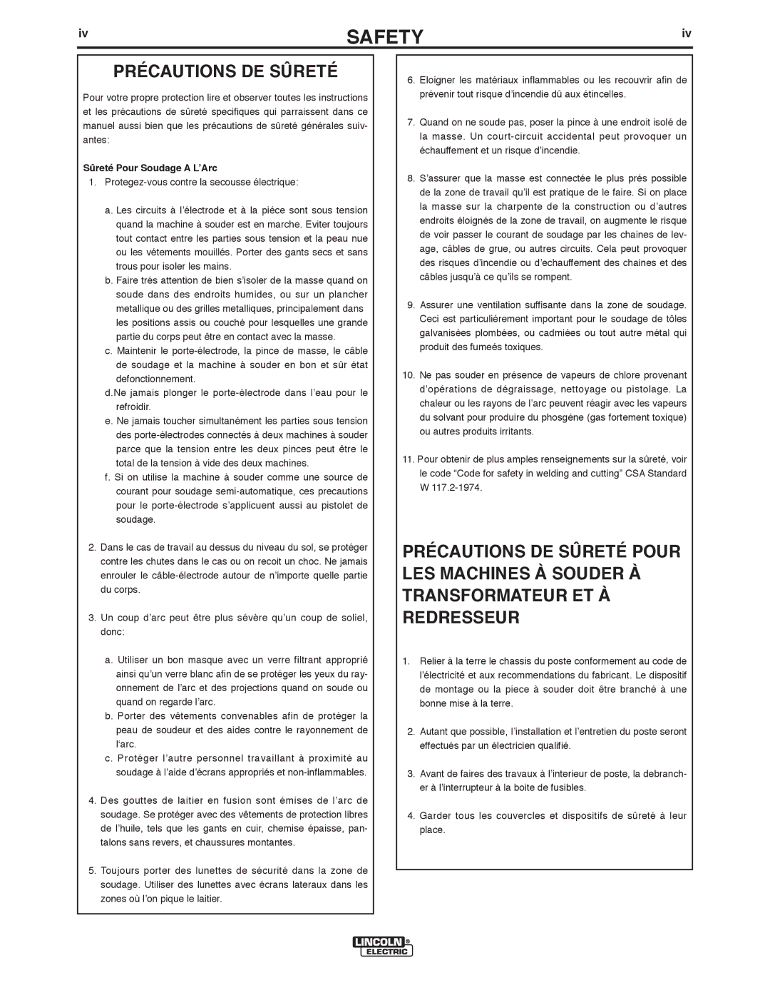 Lincoln Electric 100S manual Précautions DE Sûreté, Sûreté Pour Soudage a L’Arc 