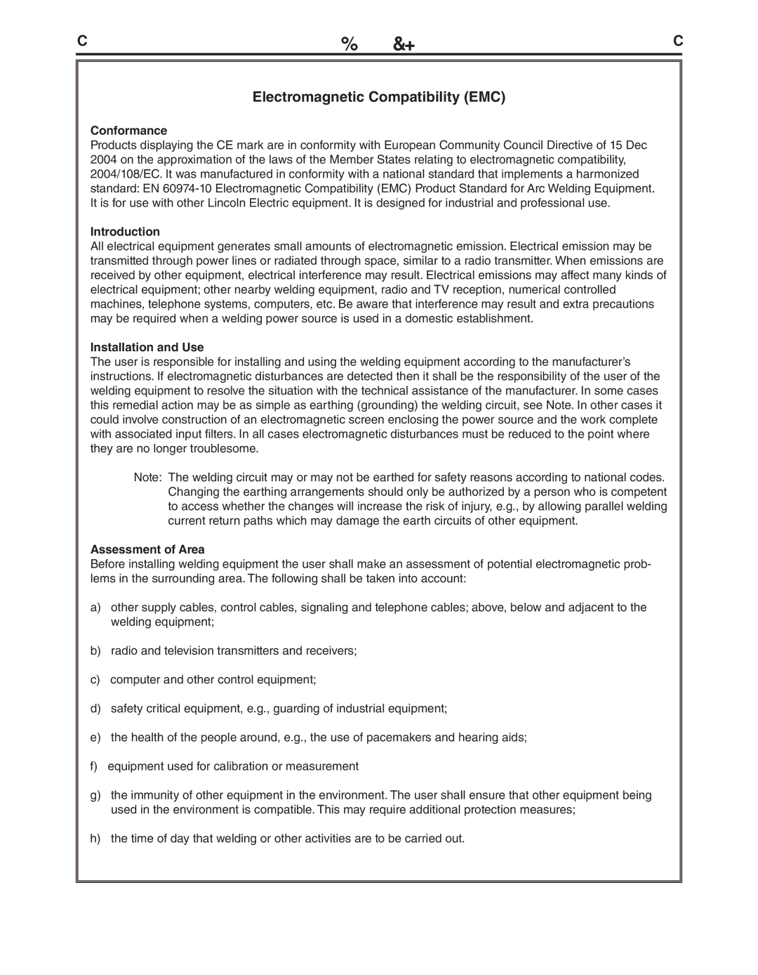 Lincoln Electric 100S manual Electromagnetic Compatibility EMC 