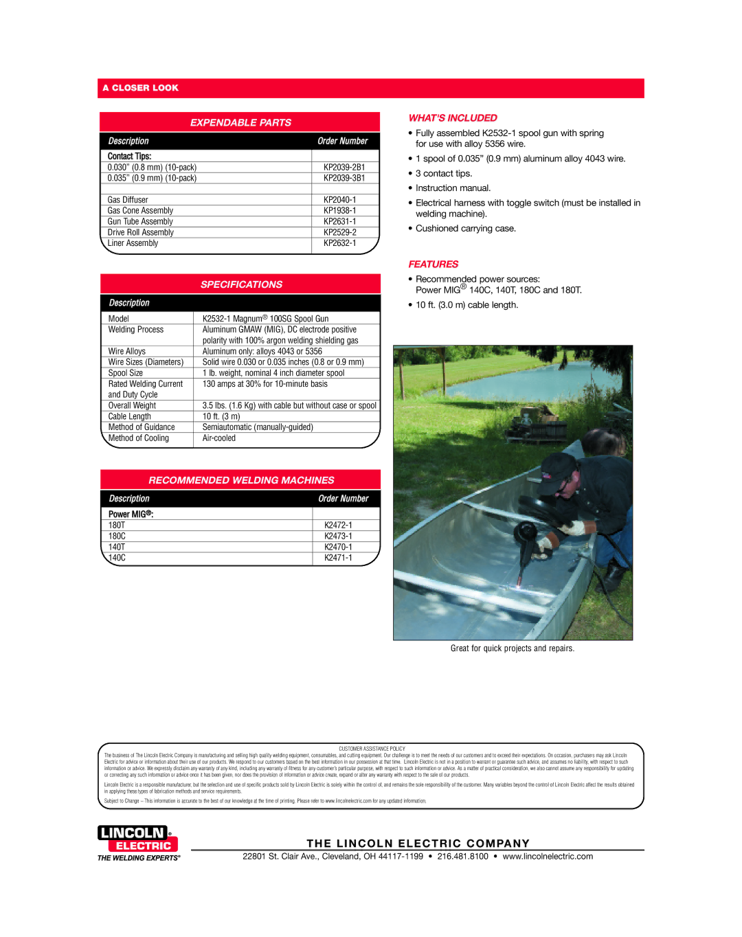 Lincoln Electric 100SG Expendable Parts, Whats Included, Specifications, Recommended Welding Machines, Features 