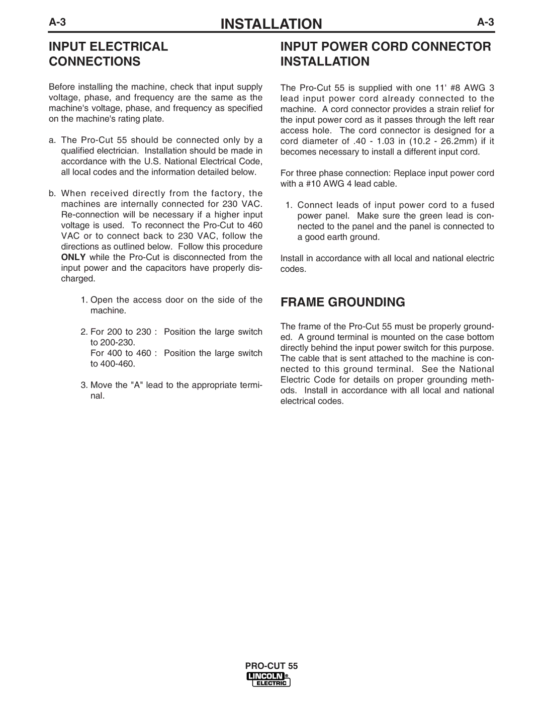Lincoln Electric 10474, 10473, 10476 Input Electrical Connections, Input Power Cord Connector Installation, Frame Grounding 