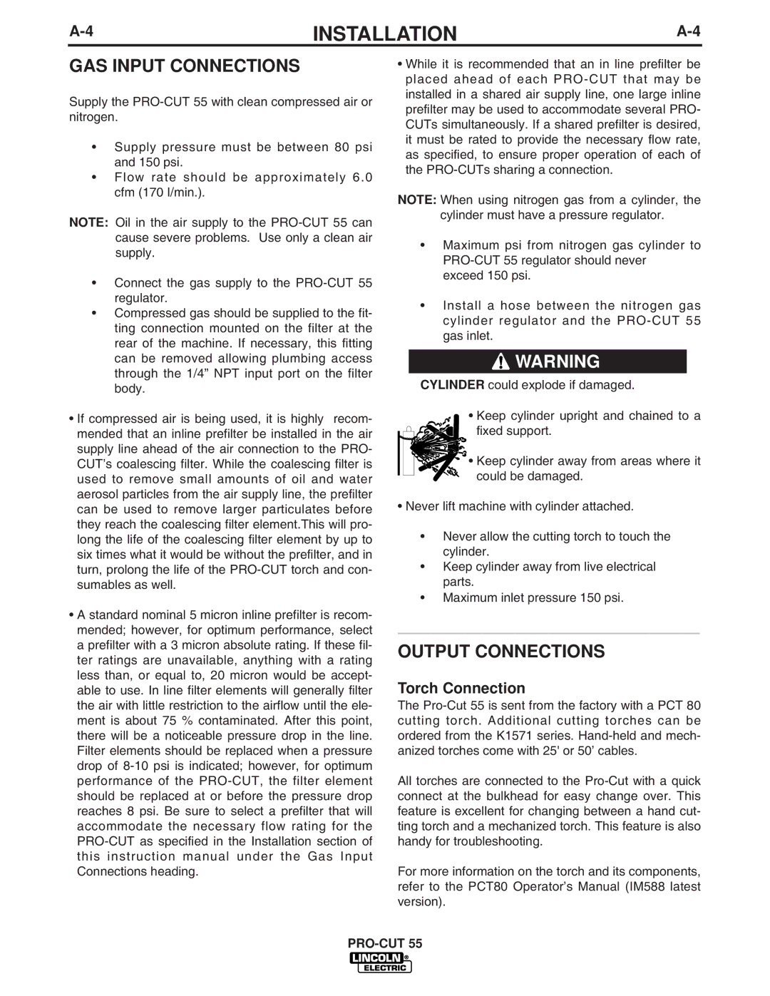 Lincoln Electric 10473, 10476, 10475, 10474 manual GAS Input Connections, Output Connections, Torch Connection 