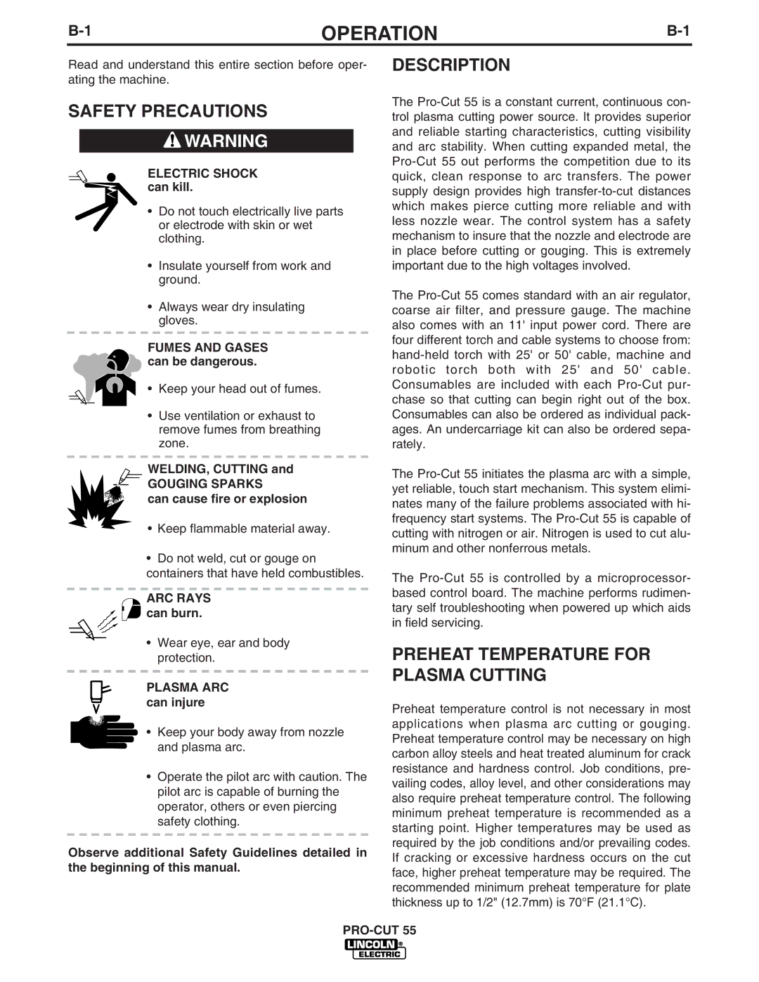 Lincoln Electric 10476, 10473, 10475 Operation, Safety Precautions, Description, Preheat Temperature for Plasma Cutting 