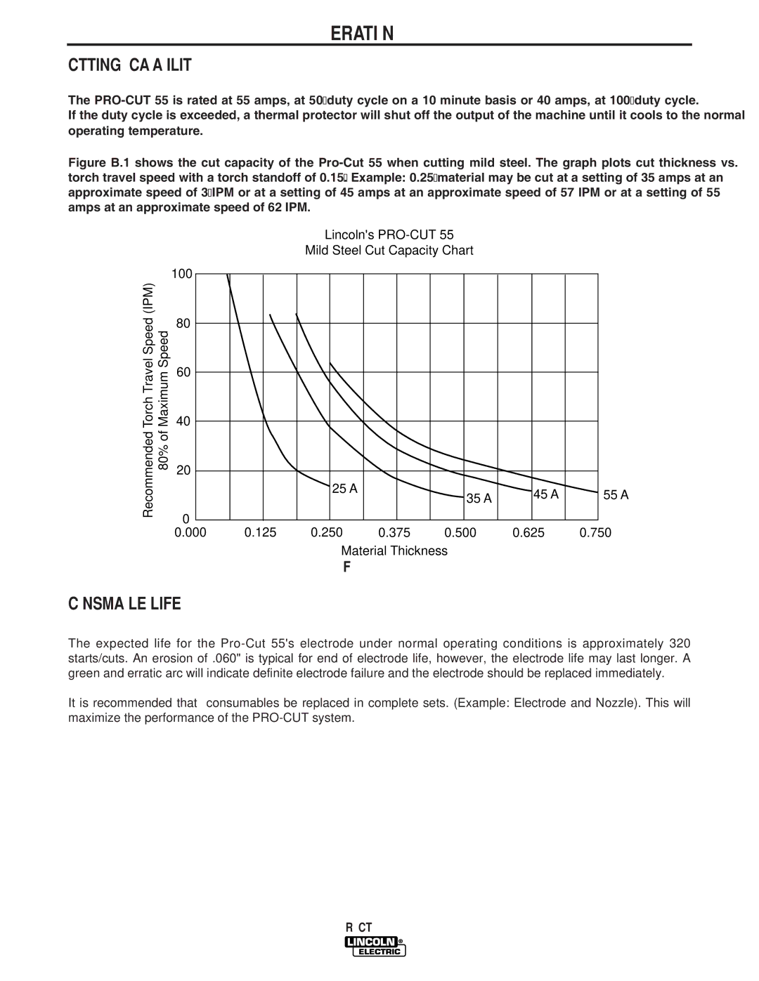 Lincoln Electric 10474, 10473, 10476, 10475 manual Cutting Capability, Consumable Life 