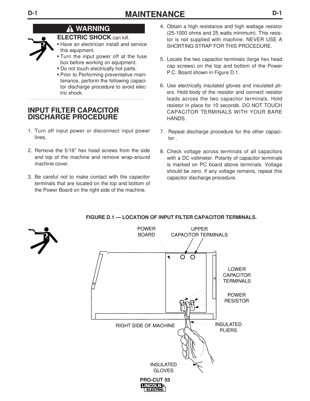 Lincoln Electric 10476, 10473, 10475, 10474 Maintenance, Input Filter Capacitor Discharge Procedure, Electric Shock can kill 