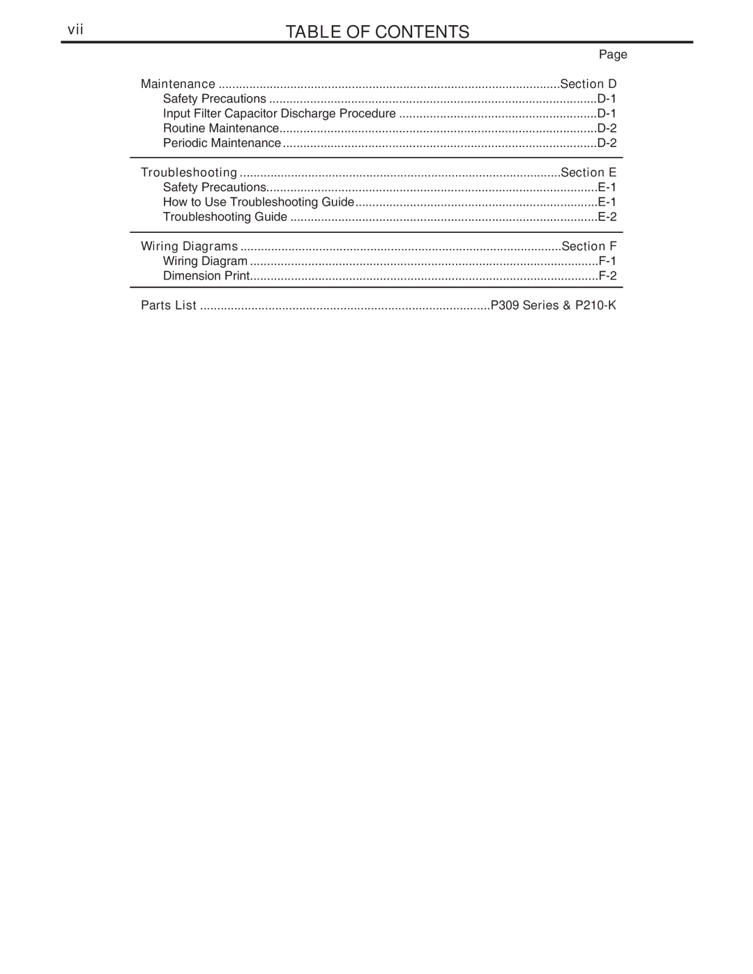 Lincoln Electric 10473, 10476, 10475, 10474 manual Vii, Section D, Section E, Section F, P309 Series & P210-K 