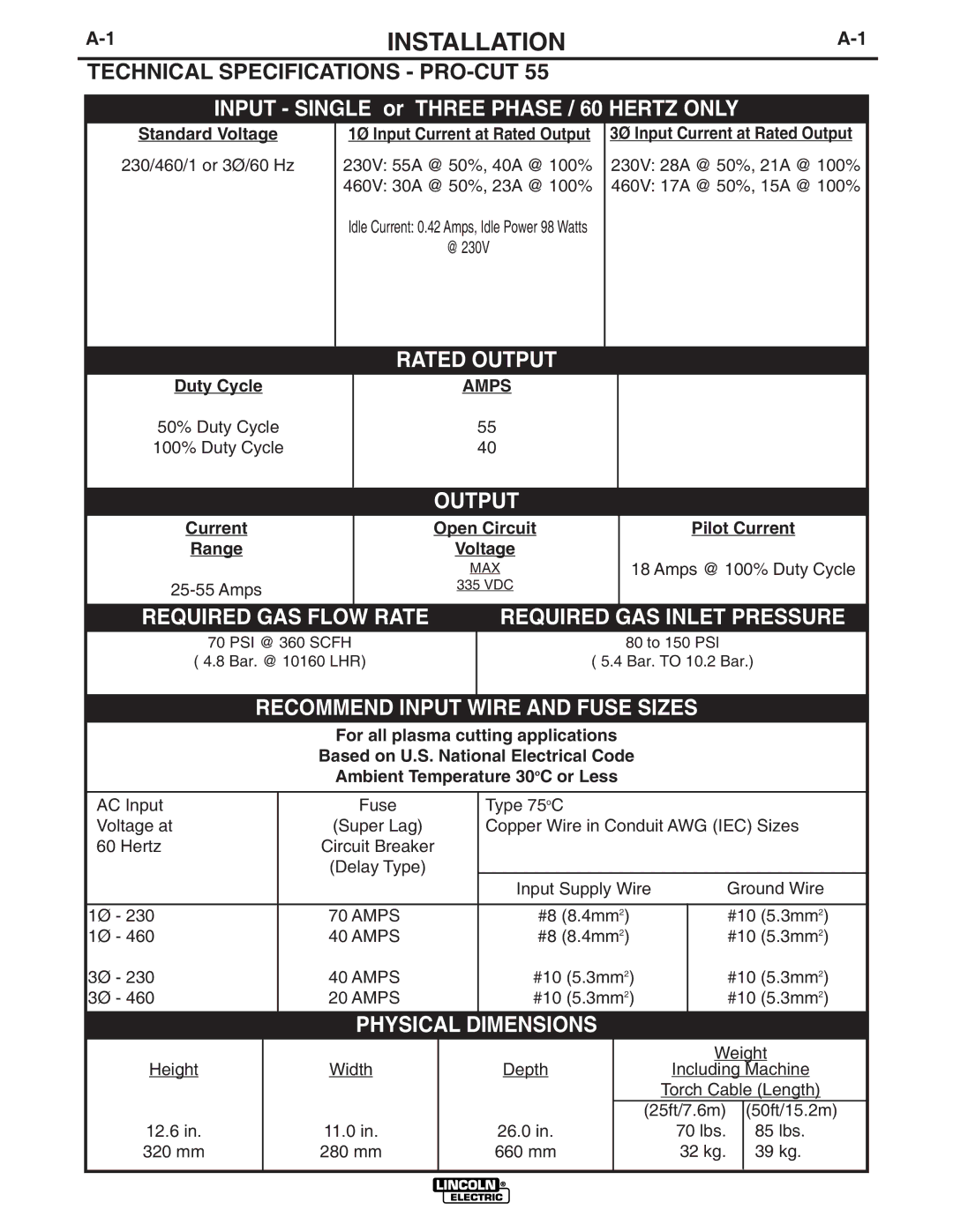 Lincoln Electric 10476, 10473, 10475, 10474 Installation, Technical Specifications PRO-CUT, 1Ø Input Current at Rated Output 