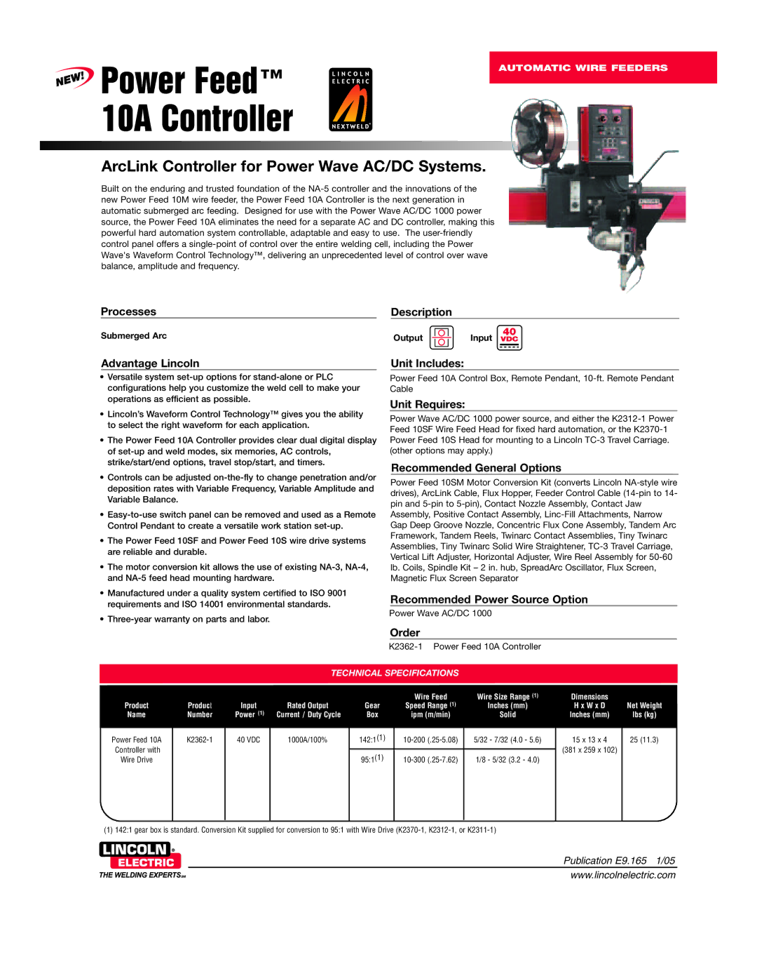 Lincoln Electric 10A dimensions Submerged Arc, Input VDC, Technical Specifications, Output 