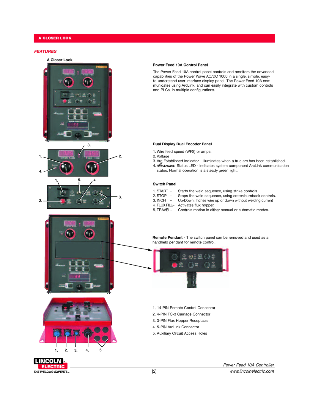 Lincoln Electric Features, Closer Look Power Feed 10A Control Panel, Dual Display Dual Encoder Panel, Switch Panel 