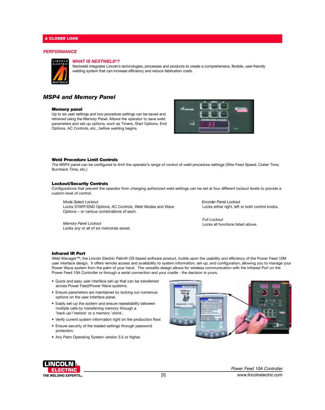 Lincoln Electric 10A dimensions MSP4 and Memory Panel, Performance What is NEXTWELD? 