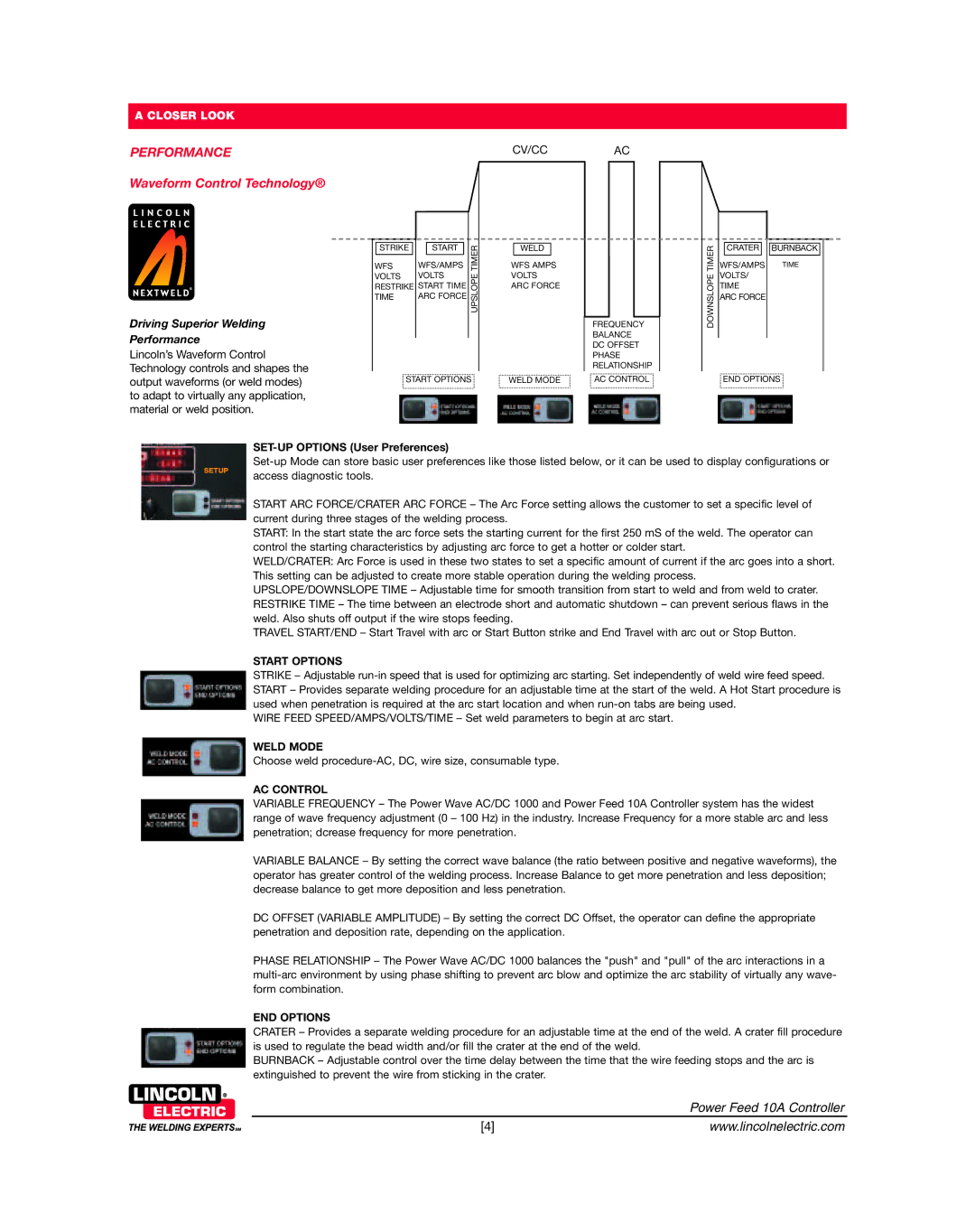 Lincoln Electric 10A dimensions Performance, SET-UP Options User Preferences 