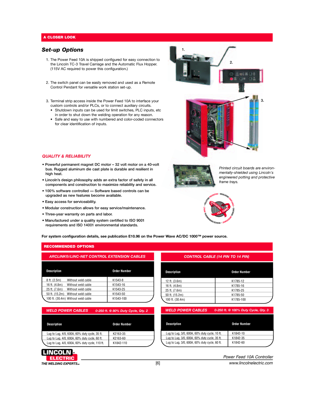 Lincoln Electric 10A Set-up Options, Quality & Reliability, ARCLINK/LINC-NET Control Extension Cables, Weld Power Cables 