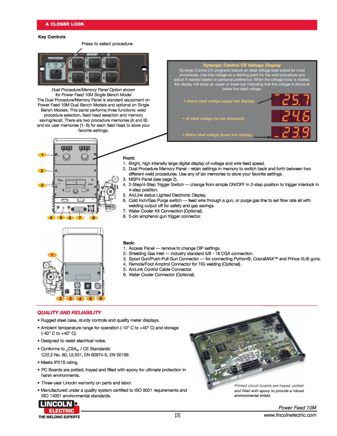 Lincoln Electric dimensions Quality And Reliability, Key Controls, Front, Back, Power Feed 10M, A Closer Look 