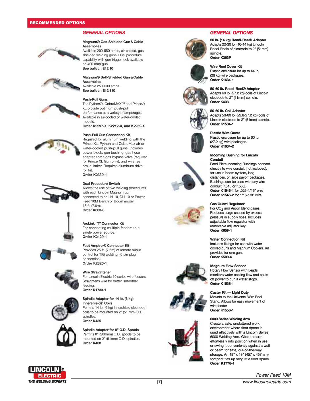 Lincoln Electric dimensions General Options, Power Feed 10M, Recommended Options, Available 250-600 amps, 15 ft. 7.6m 