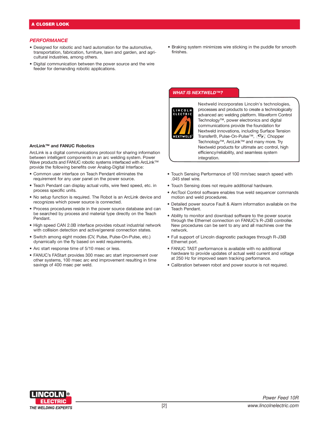 Lincoln Electric 10R technical specifications Performance, ArcLink and Fanuc Robotics, What is NEXTWELD? 