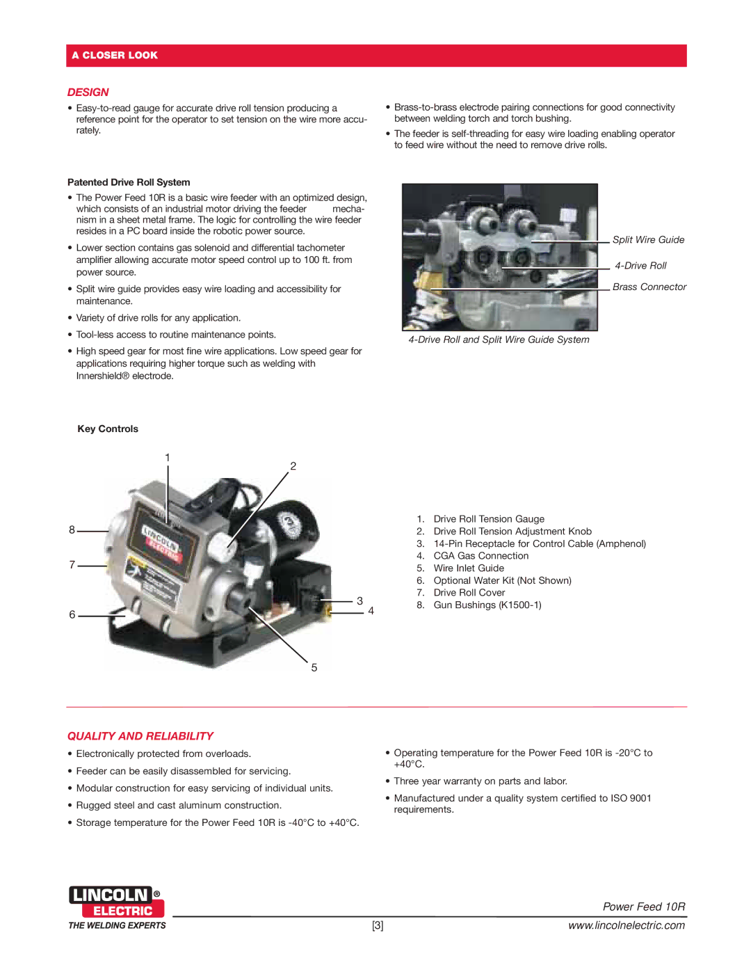 Lincoln Electric 10R technical specifications Design, Quality and Reliability, Patented Drive Roll System, Key Controls 