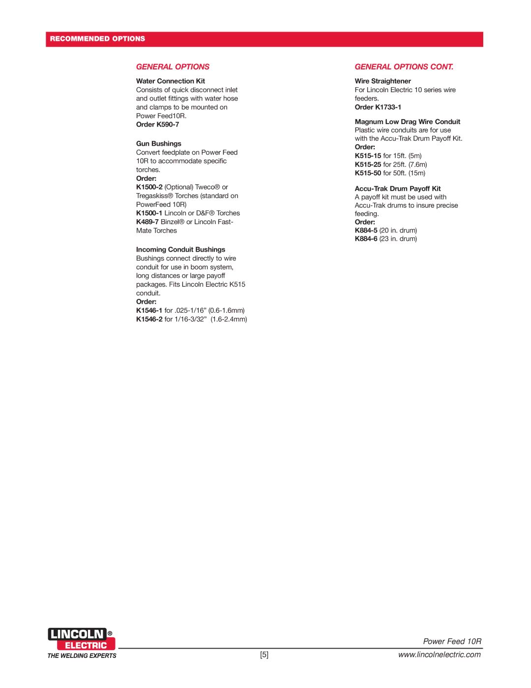 Lincoln Electric 10R technical specifications General Options 