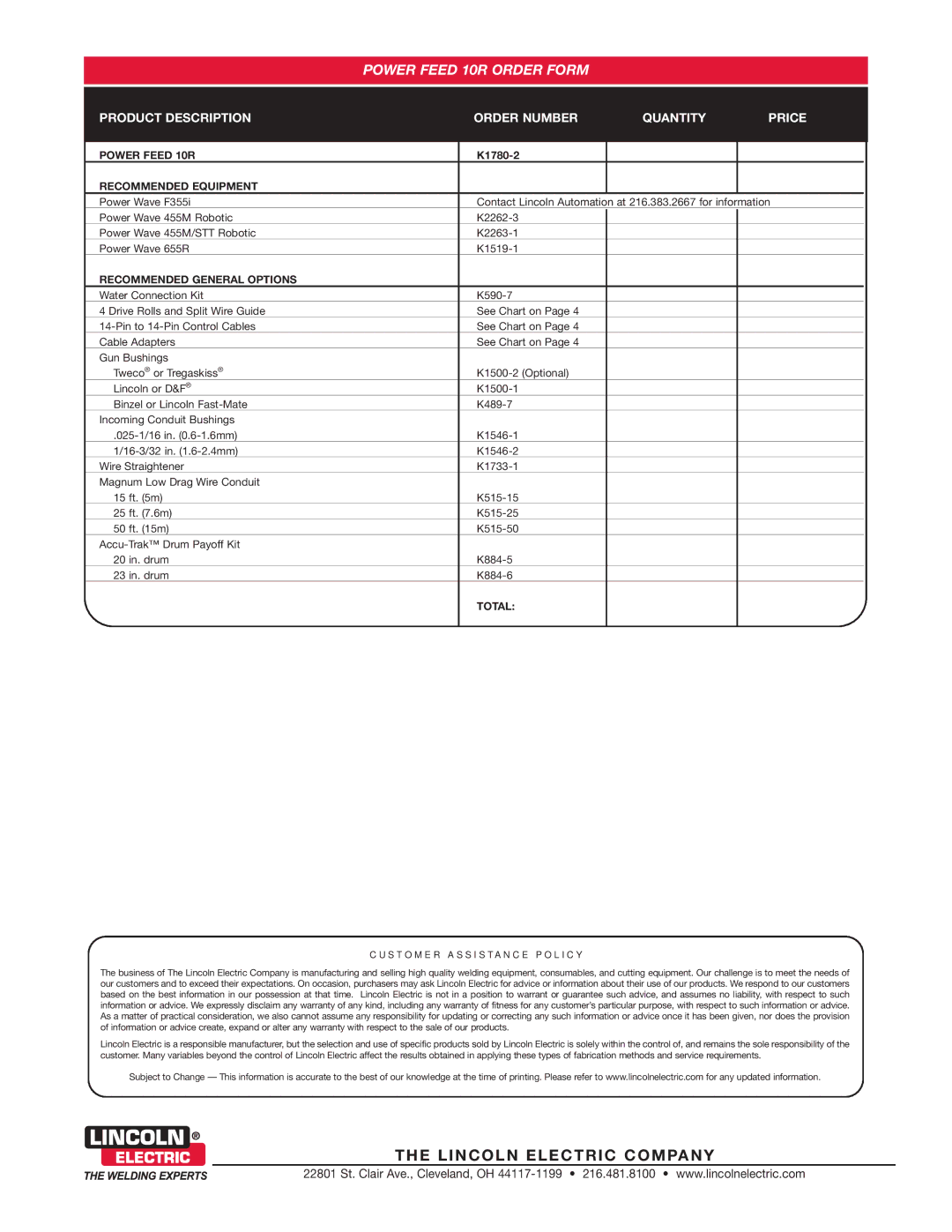 Lincoln Electric 10R technical specifications Lincoln Electric Company 