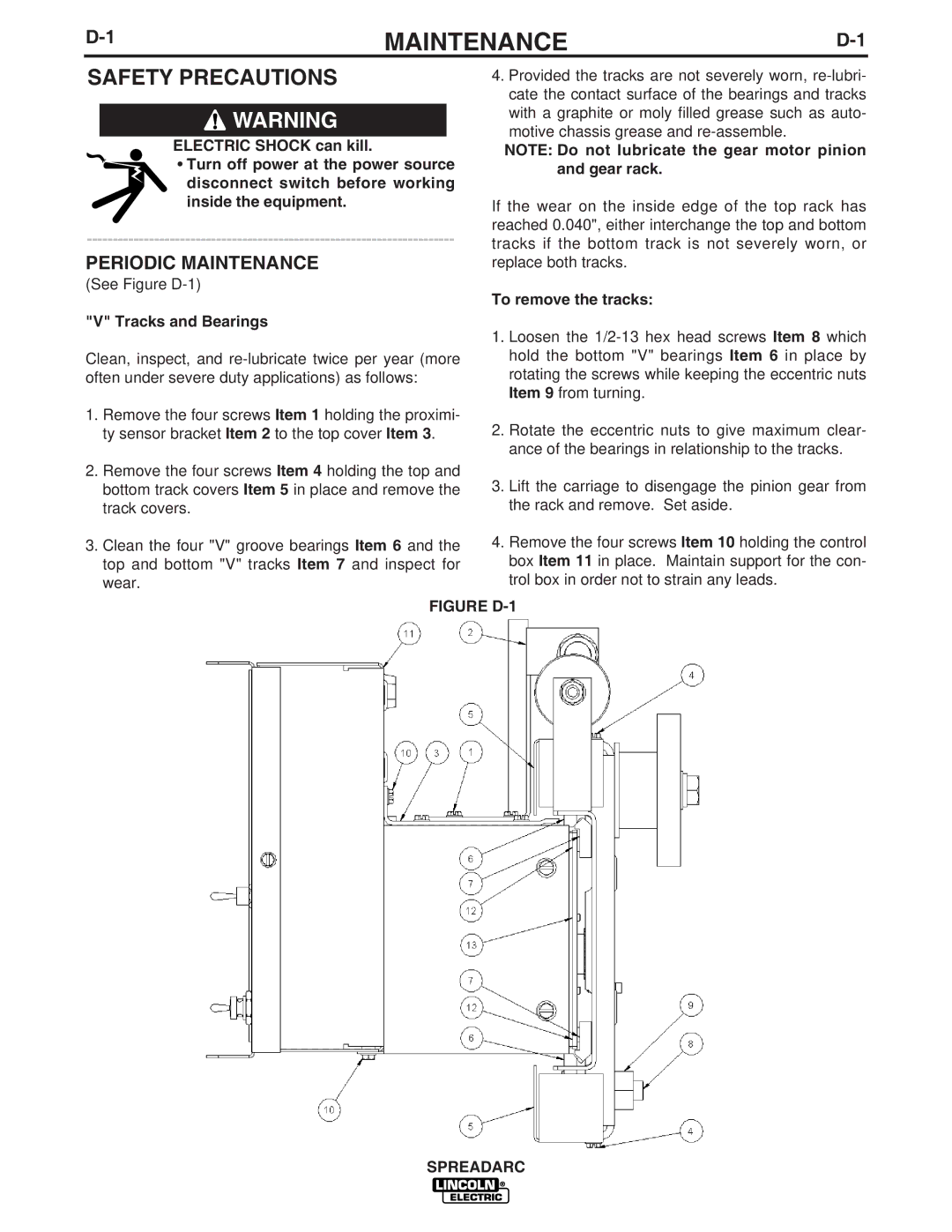 Lincoln Electric 11006 manual Periodic Maintenance, Tracks and Bearings, To remove the tracks 