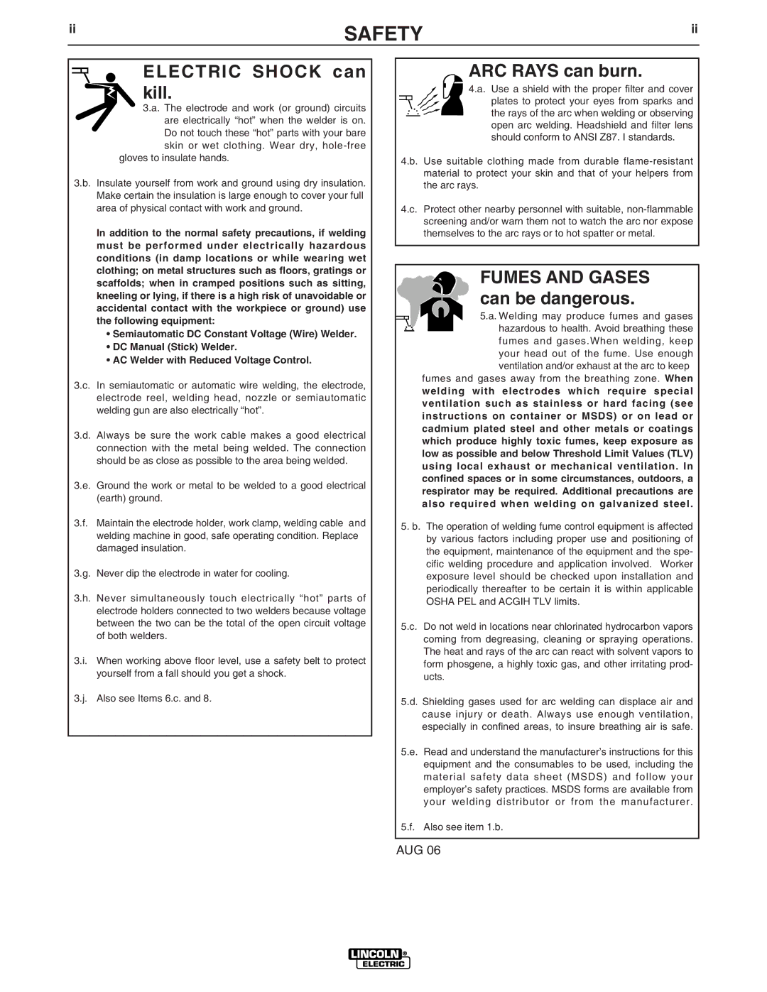 Lincoln Electric 11006 manual Electric Shock can kill 