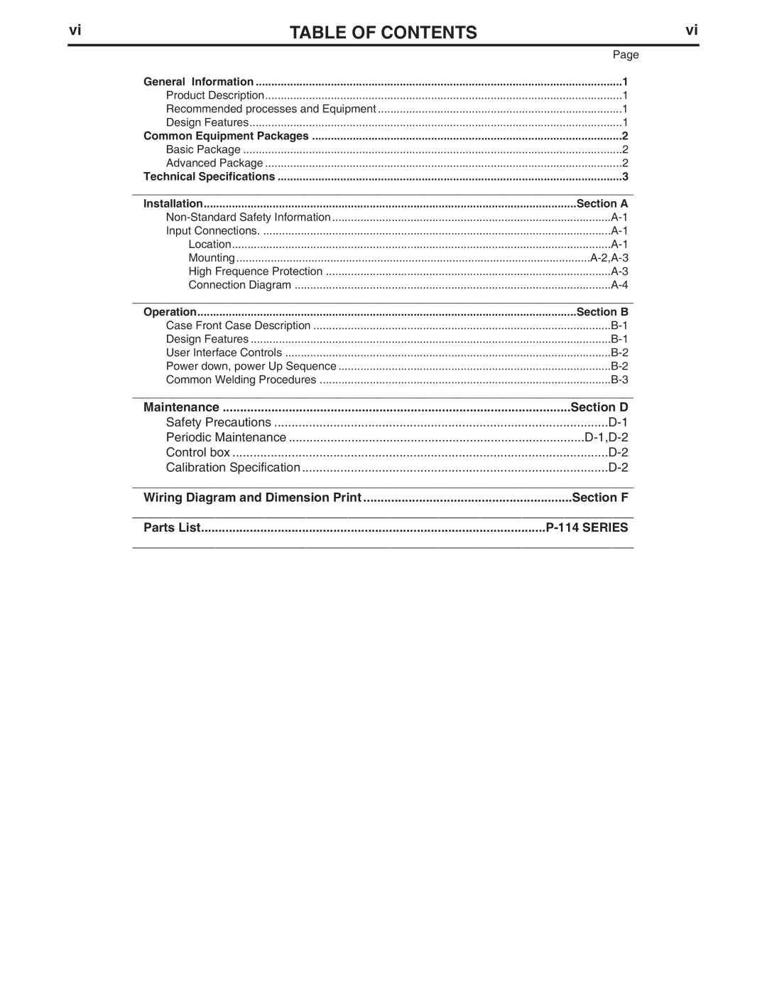 Lincoln Electric 11006 manual Table of Contents 