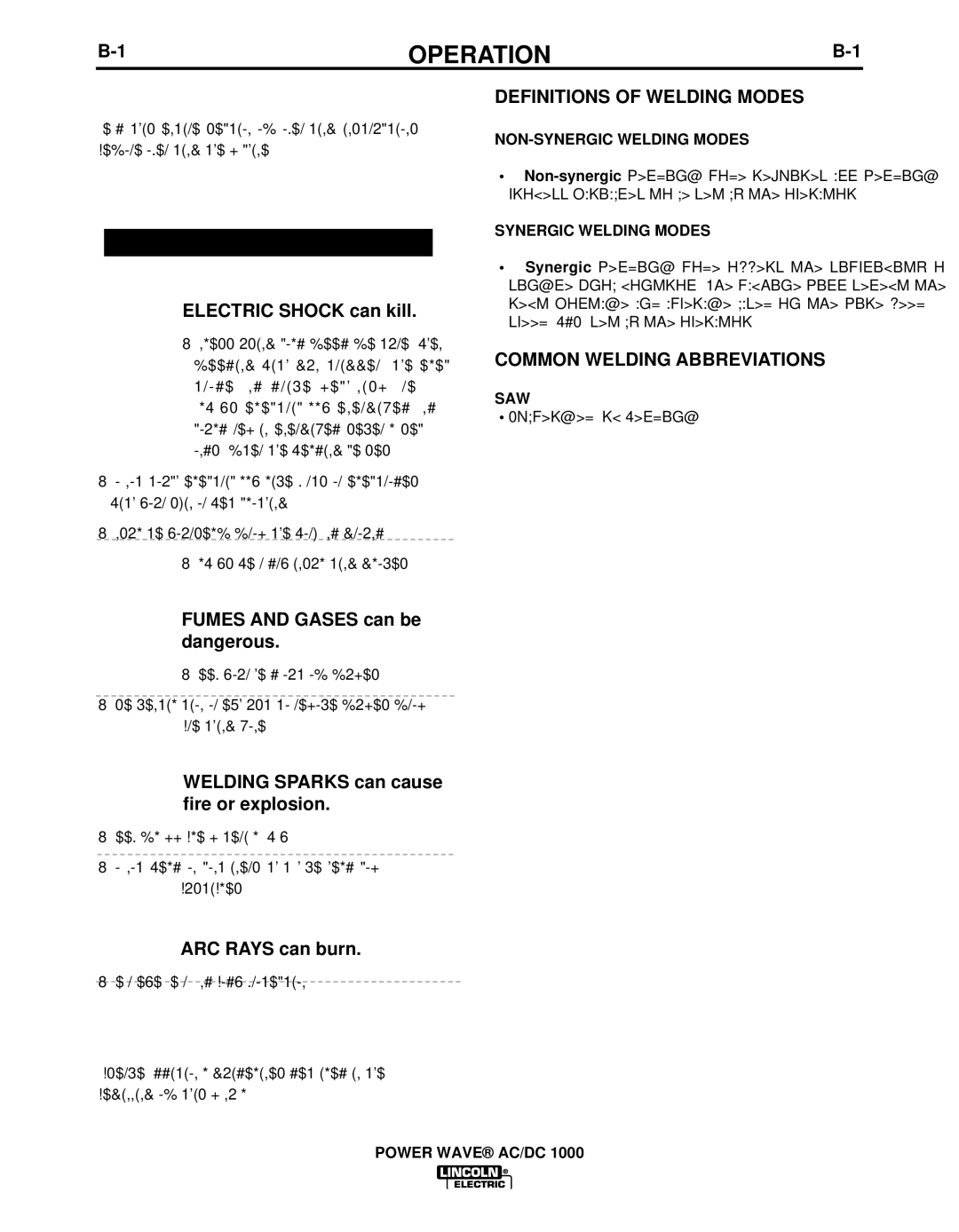 Lincoln Electric 11124, 11226 manual Operation, Definitions of Welding Modes, Common Welding Abbreviations 