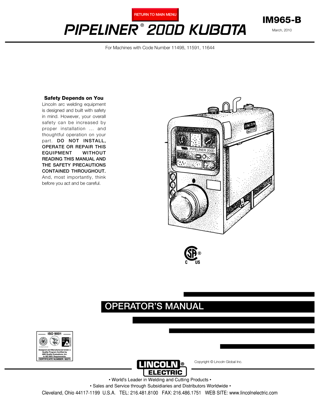 Lincoln Electric 11498 manual Pipeliner 200D Kubota 