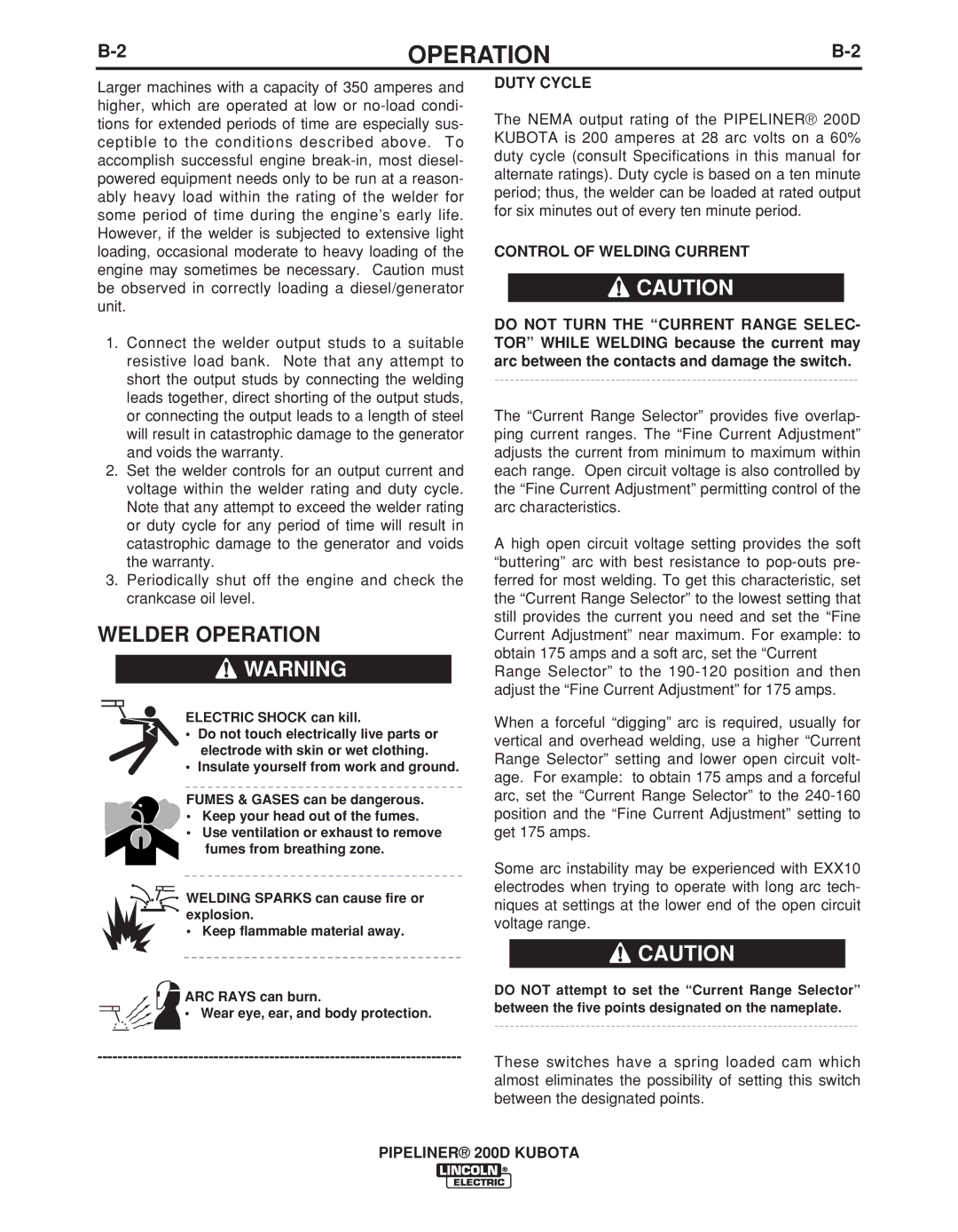 Lincoln Electric 11498 manual Welder Operation, Control of Welding Current 