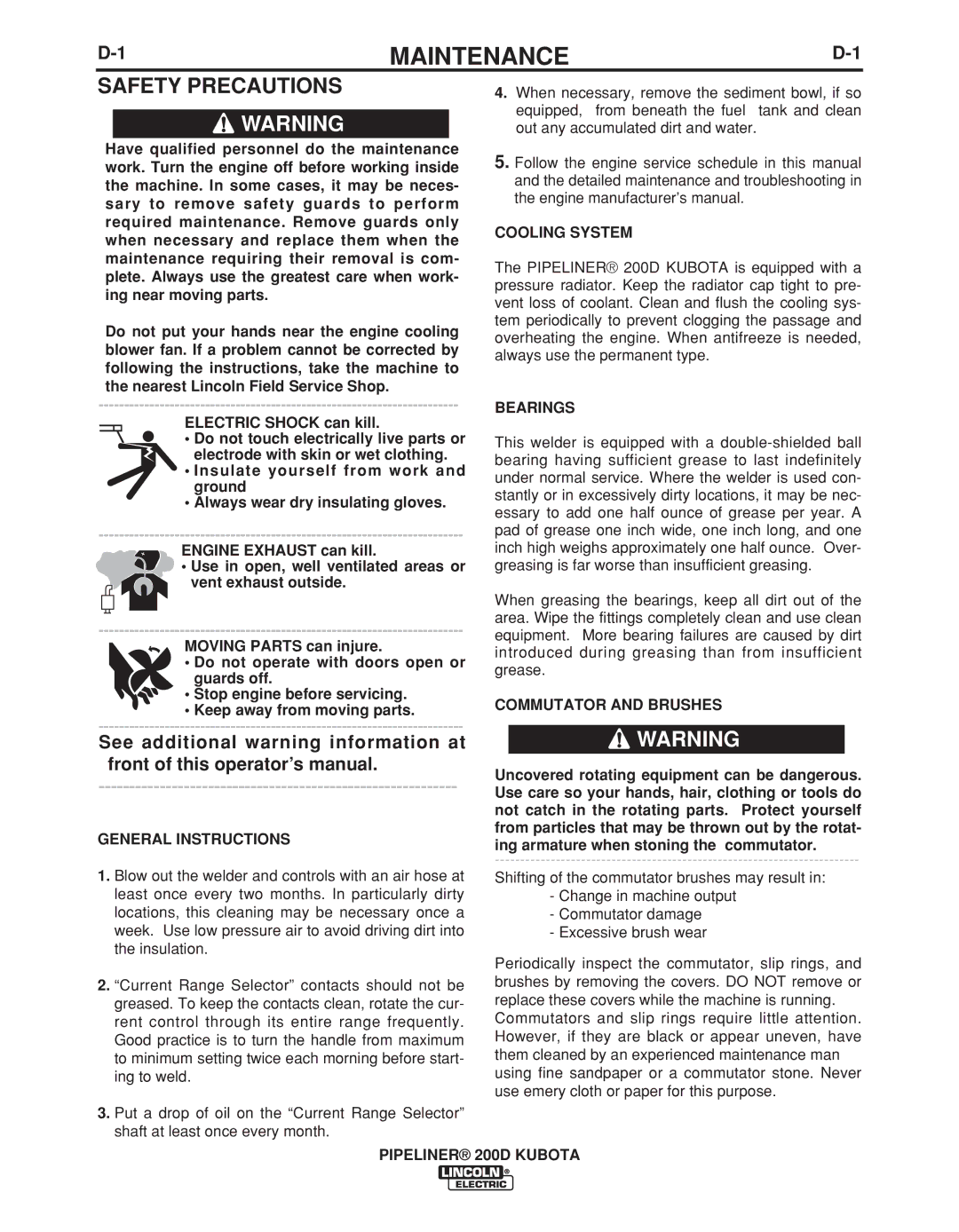 Lincoln Electric 11498 manual Maintenance, Safety Precautions 