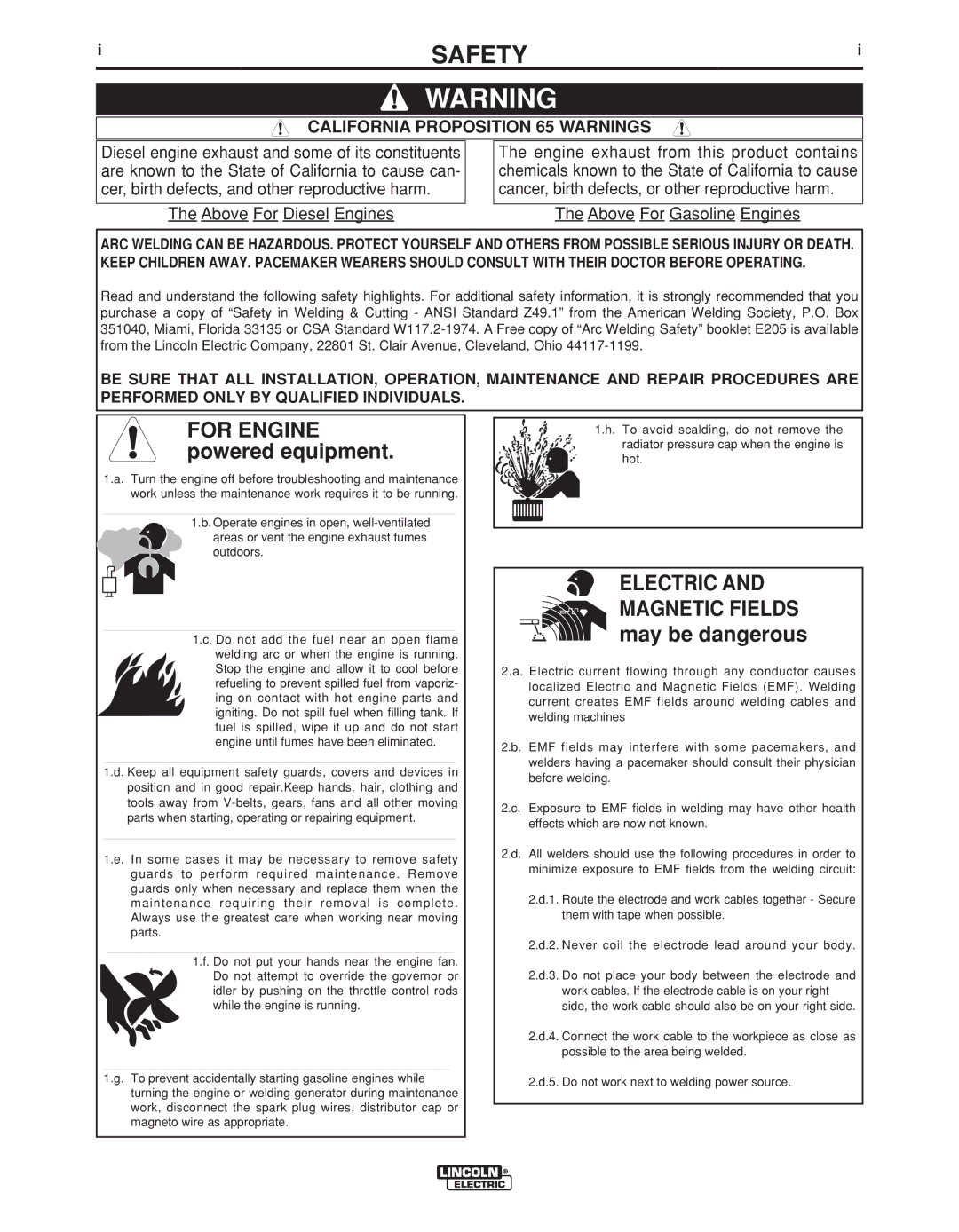 Lincoln Electric 11498 manual Safety, California Proposition 65 Warnings 