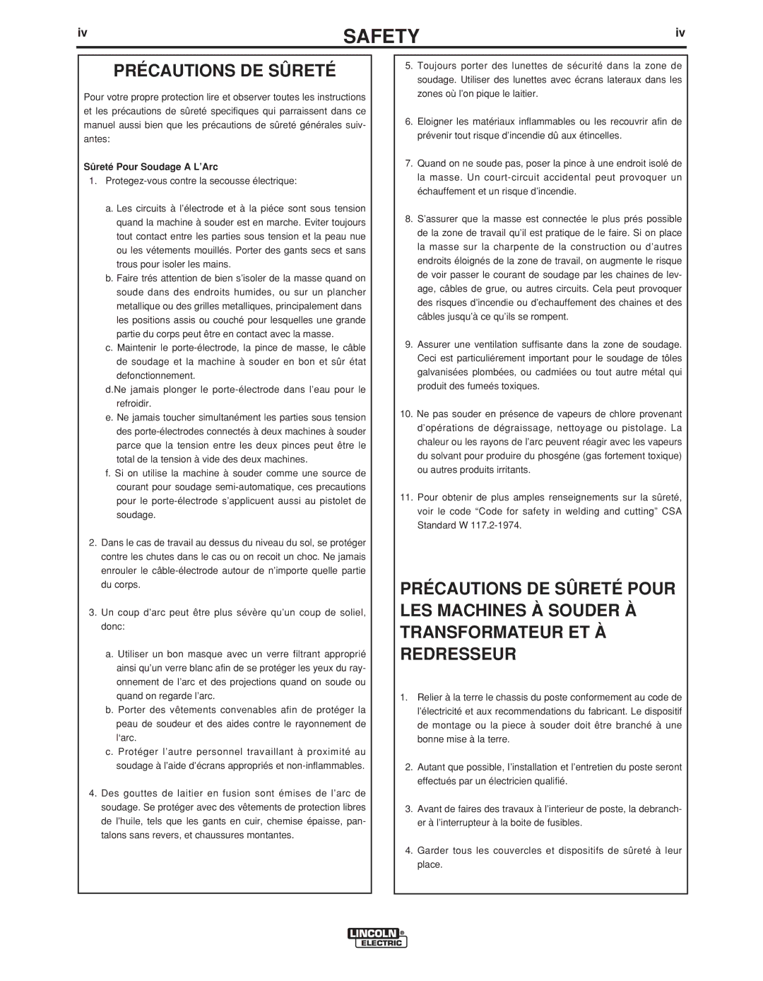 Lincoln Electric 11498 manual Précautions DE Sûreté, Sûreté Pour Soudage a L’Arc 