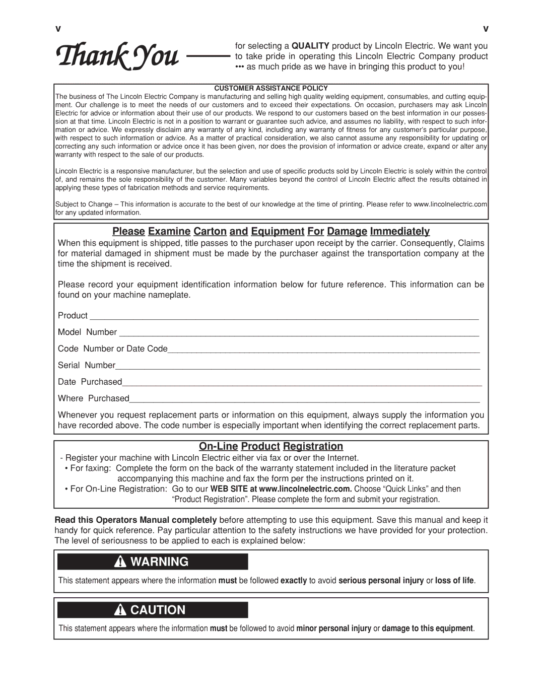 Lincoln Electric 11498 manual Thank You 