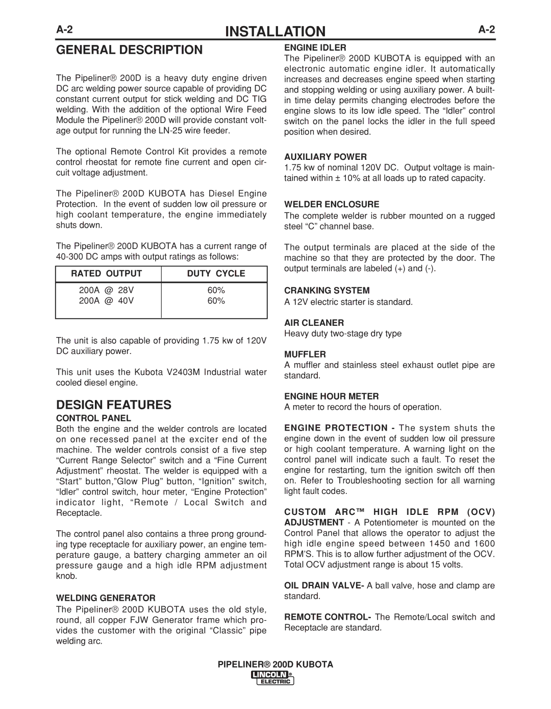 Lincoln Electric 11498 manual General Description, Design Features 