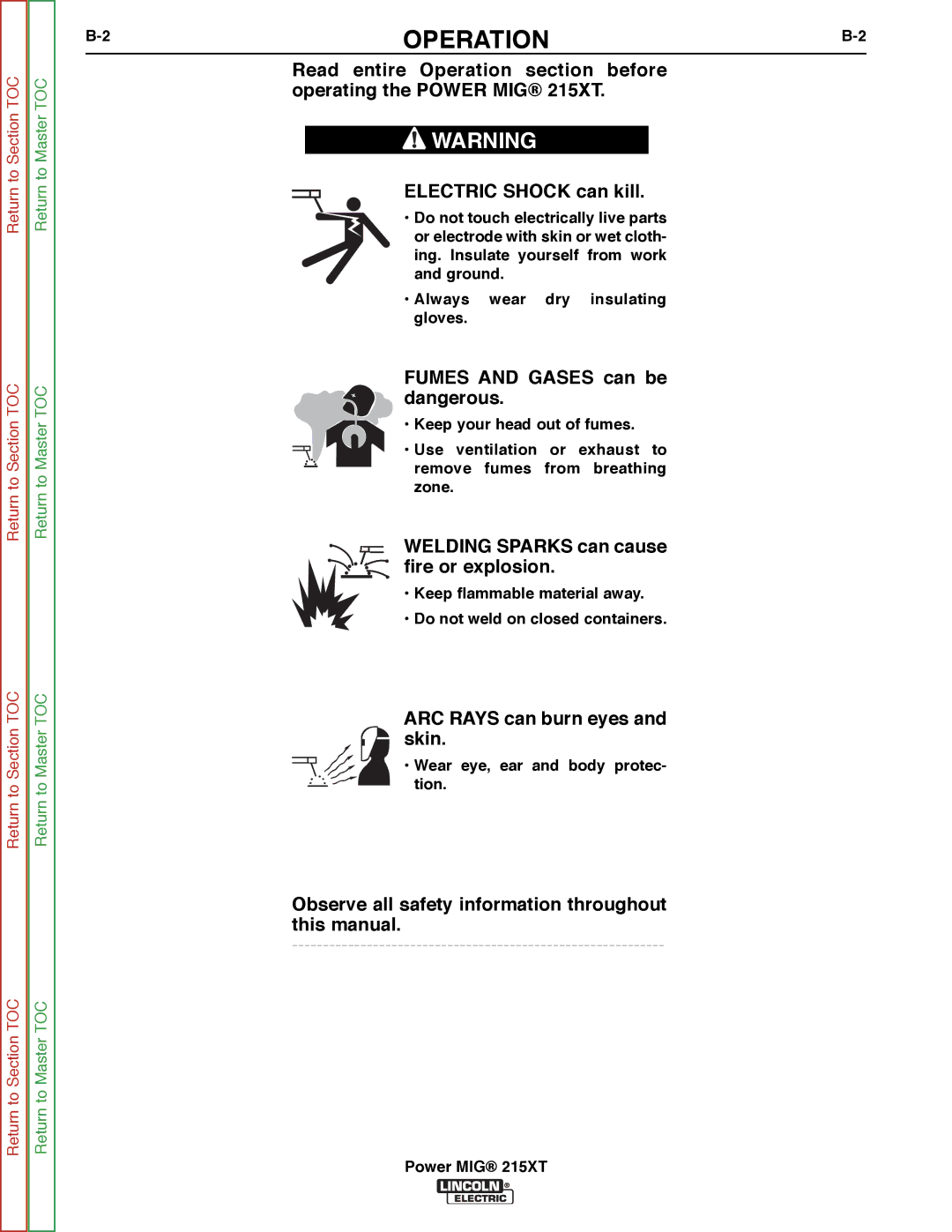 Lincoln Electric 11521 service manual OPERATIONB-2, Wear eye, ear and body protec- tion 