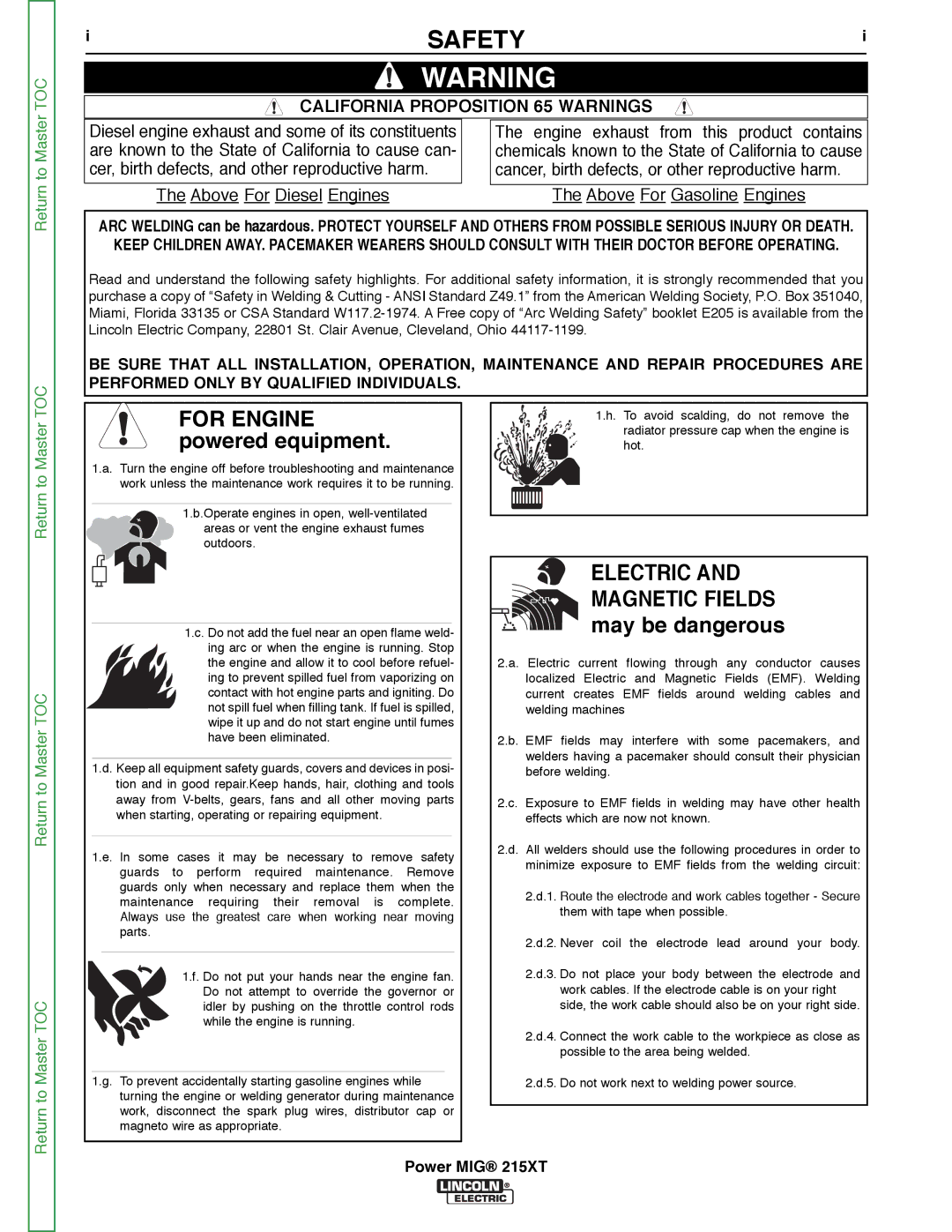 Lincoln Electric 11521 service manual Safety, Power MIG 215XT 