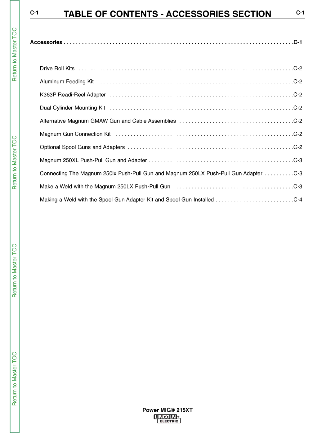 Lincoln Electric 11521 service manual Table of Contents Accessories Section 